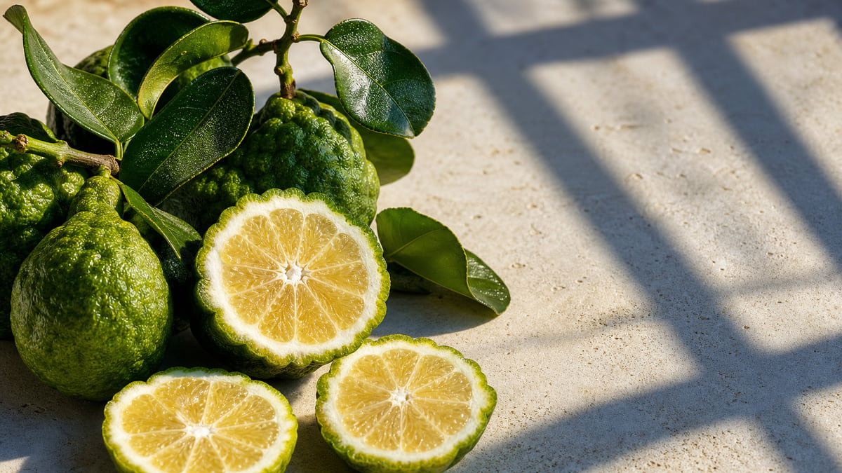 Whole and cut bergamot fruit resting on warm stone in bright morning light