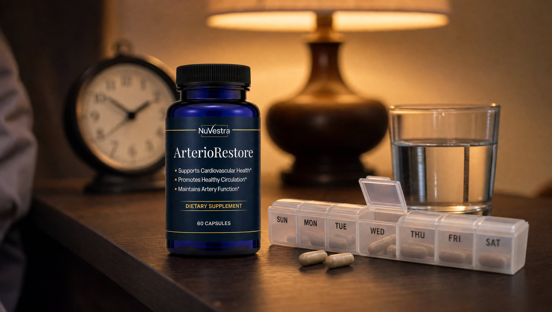 An ArterioRestore bottle standing on a bedside table in the evening, beside an alarm clock, a weekly pill organiser and a glass of water, lit by a warm lamp