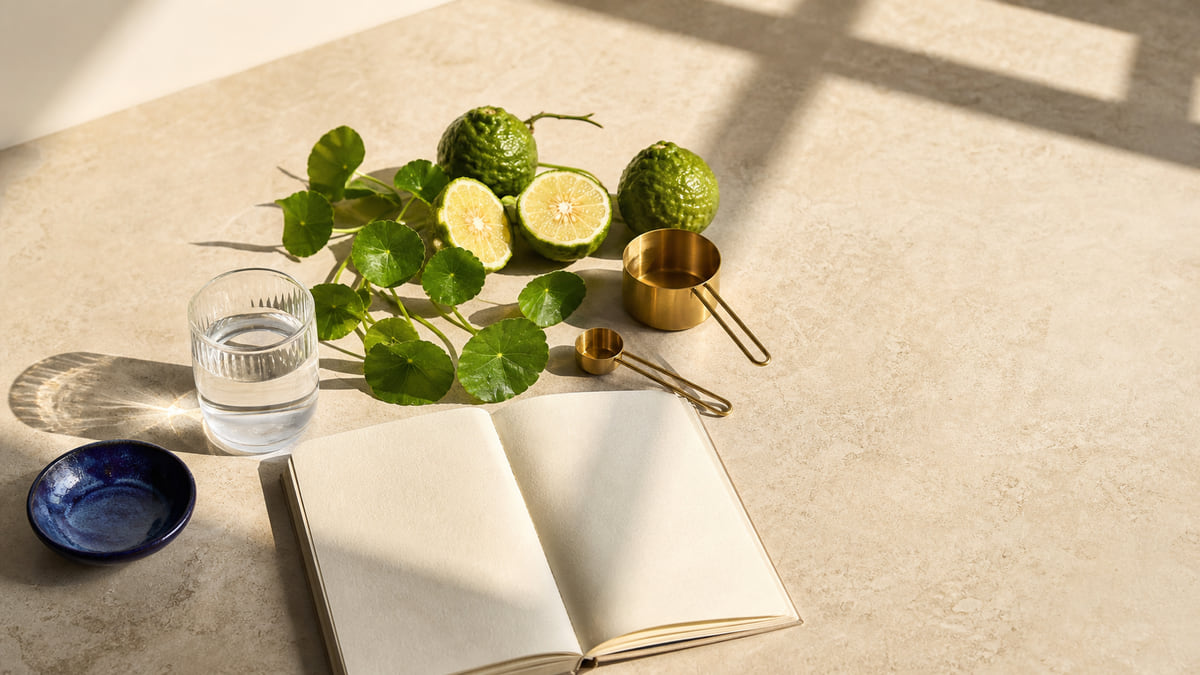 A sunlit worktable with bergamot, gotu kola, water, and a blank notebook