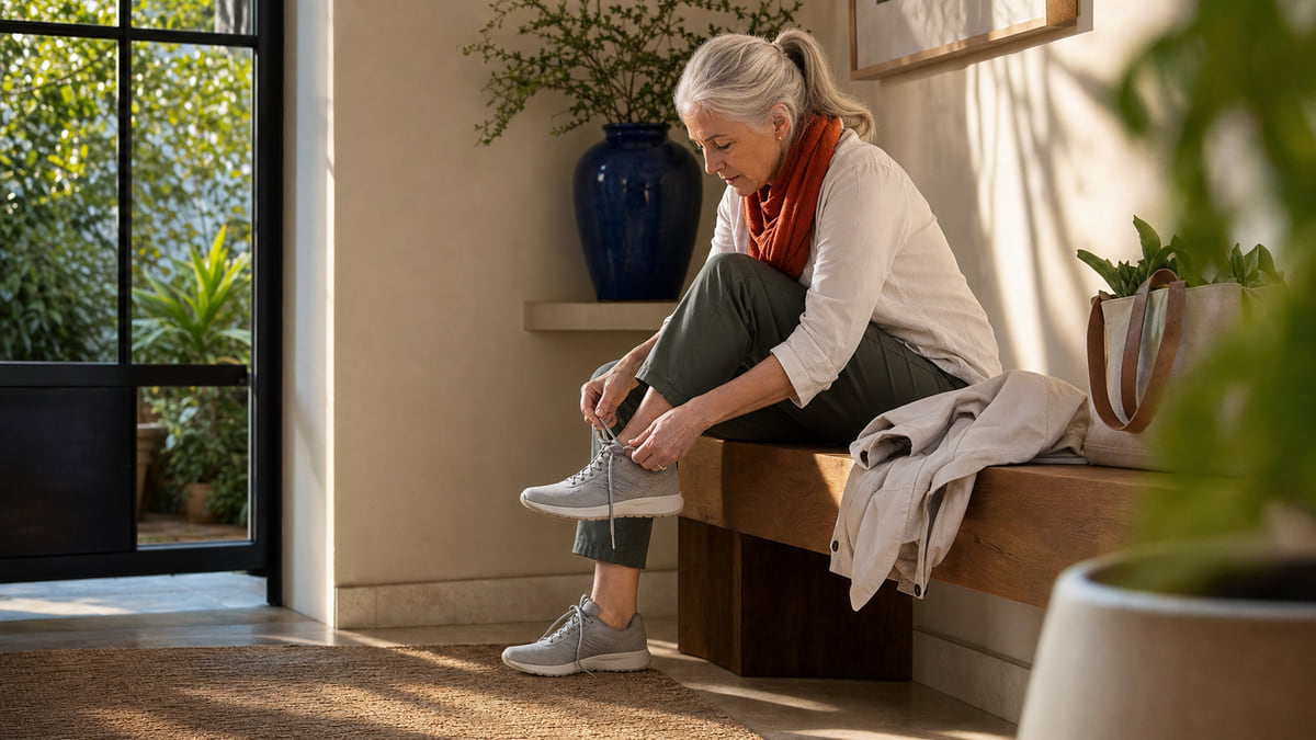 A mature woman tying her shoes before starting an active day