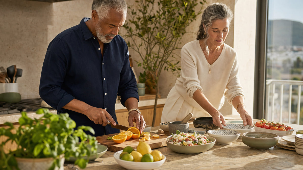 A mature couple preparing a meal together in a bright kitchen