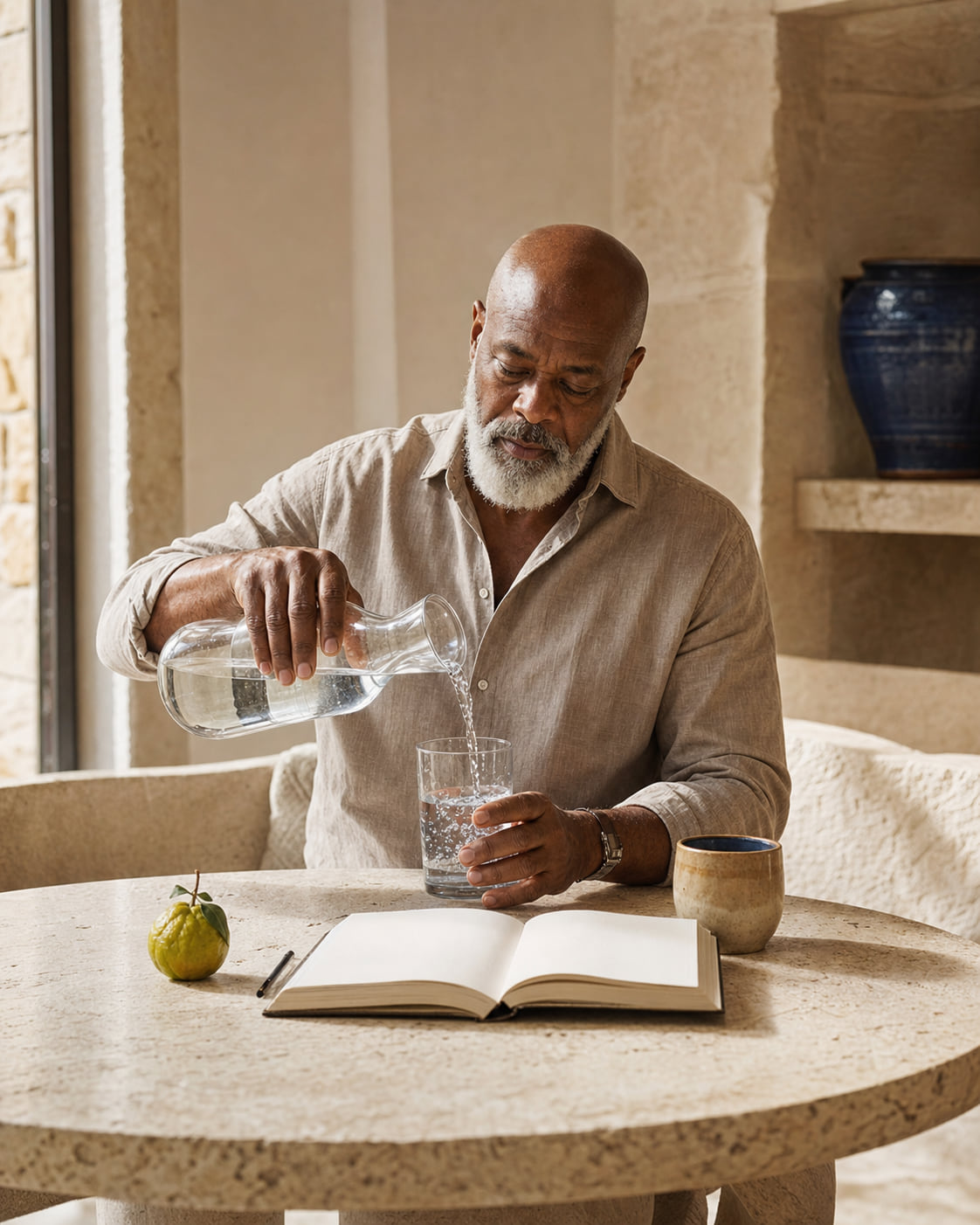 A mature man pouring a glass of water during his morning routine