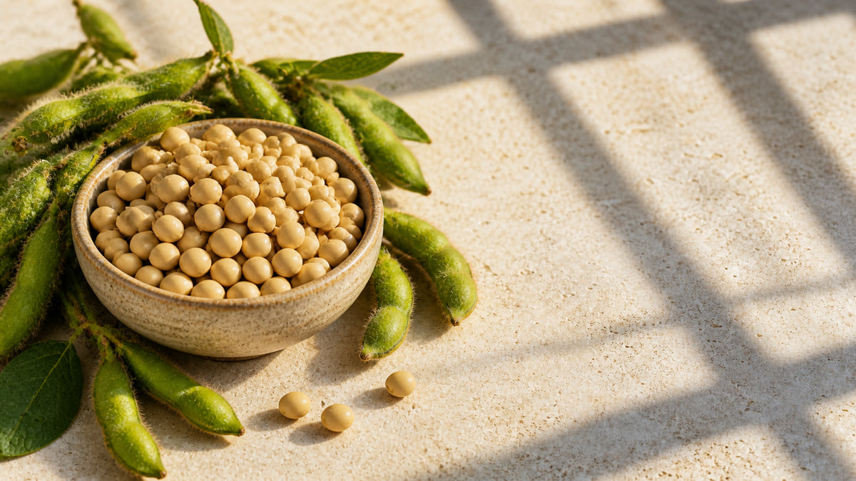 A stoneware bowl of soybeans surrounded by fresh green pods in slatted sunlight