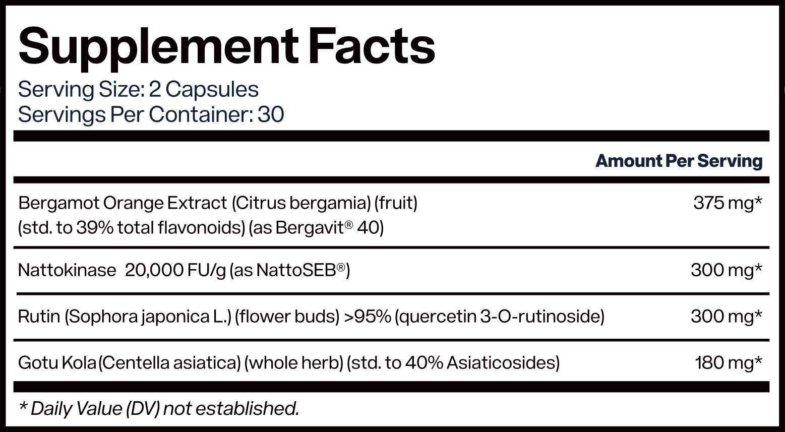 The Supplement Facts panel from the ArterioRestore label. Serving size two capsules, thirty servings per container. Bergamot orange extract 375 mg, nattokinase 300 mg, rutin 300 mg, gotu kola 180 mg.